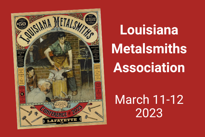 Poster for the Louisiana Metalsmiths Association 30th Banging on the Bayou with a portion of Norman Rockwell's "The Blacksmith".